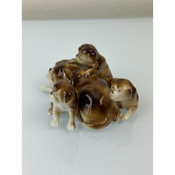 Vintage Ceramic Bulldog & Puppies Figure Brown Dogs Flaw Chipped Ear Home Decor - Picture 5 of 12